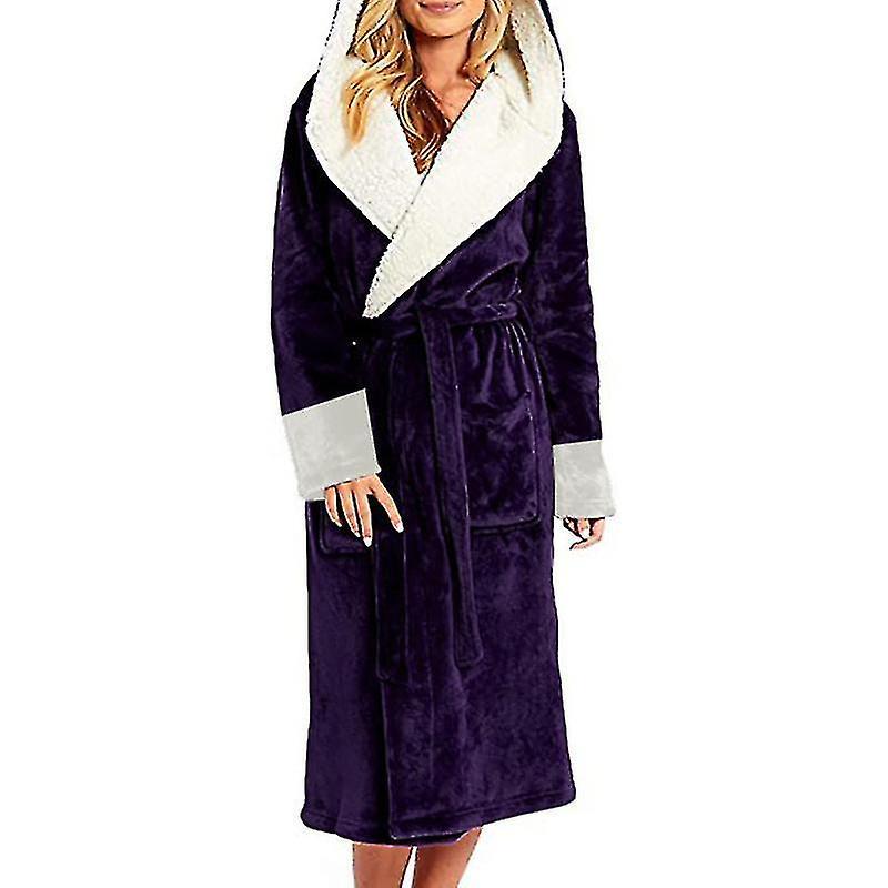 Cryin Sherpa Fleece Bathrobe Women Soft Dressing Gown Hooded Fluffy Towling Bath Robe Purple L