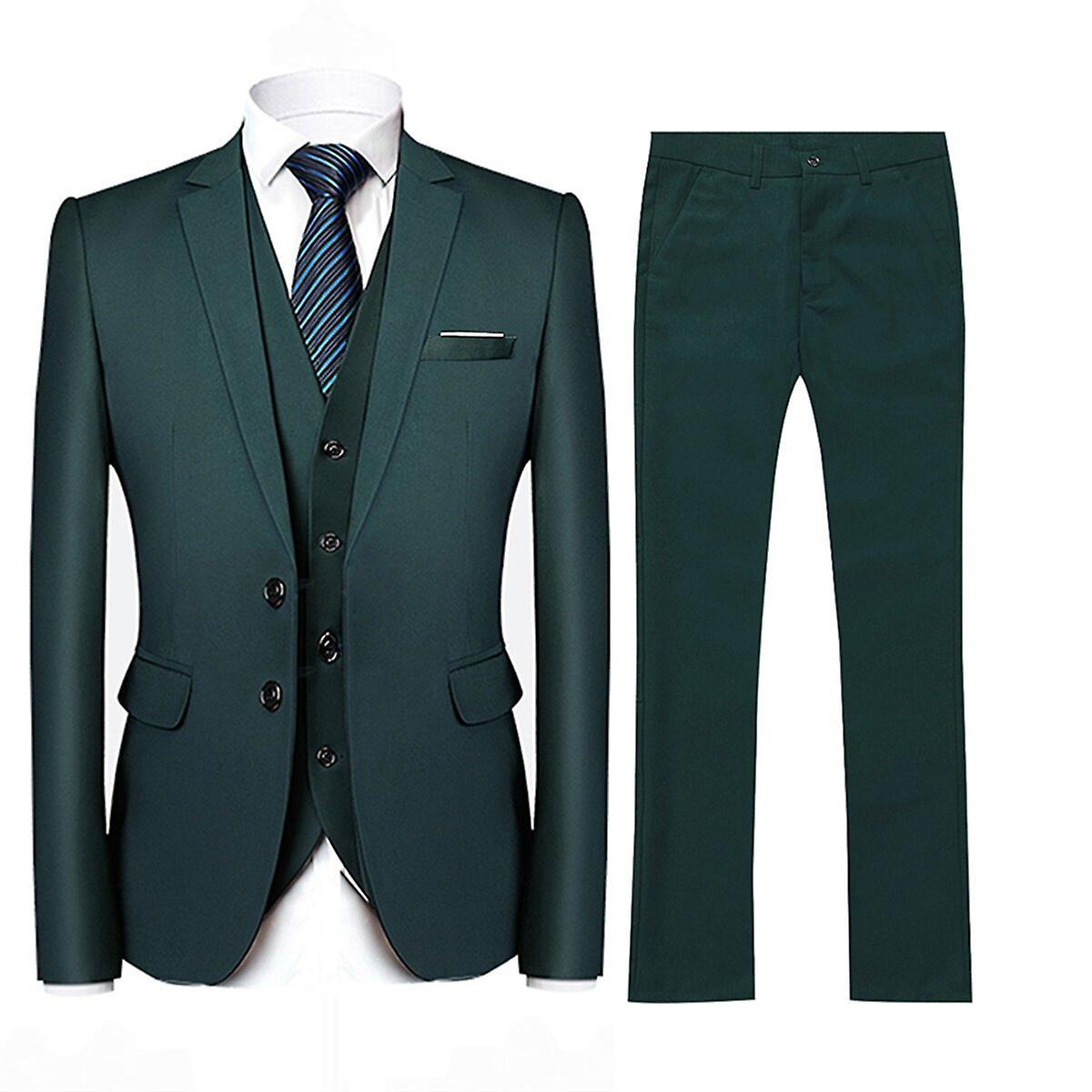 Allthemen Mens 3-Piece Suit Business Wedding Solid Color Slim-fit Blazer and Pants and Vest Dark Green M