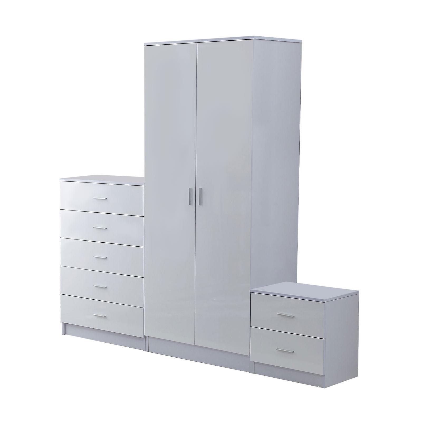 HOMCOM High Gloss 3 Trio Wardrobe Set Drawers Bedroom Furniture Chest Bedside