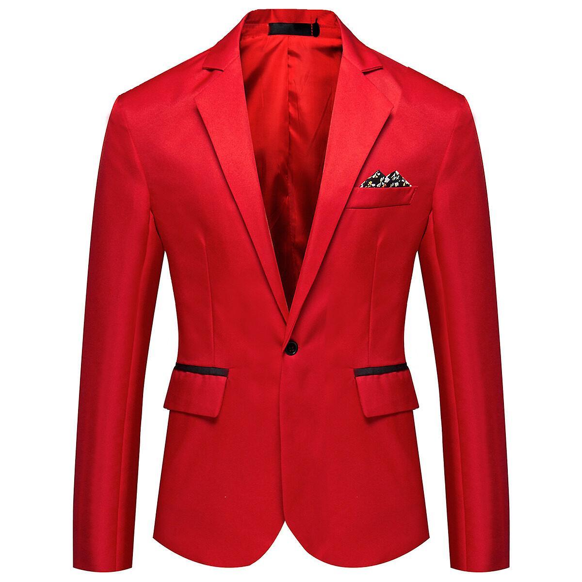 Allthemen Mens Business Casual One Button Notched Lapel Solid Color Suit Jacket Red L