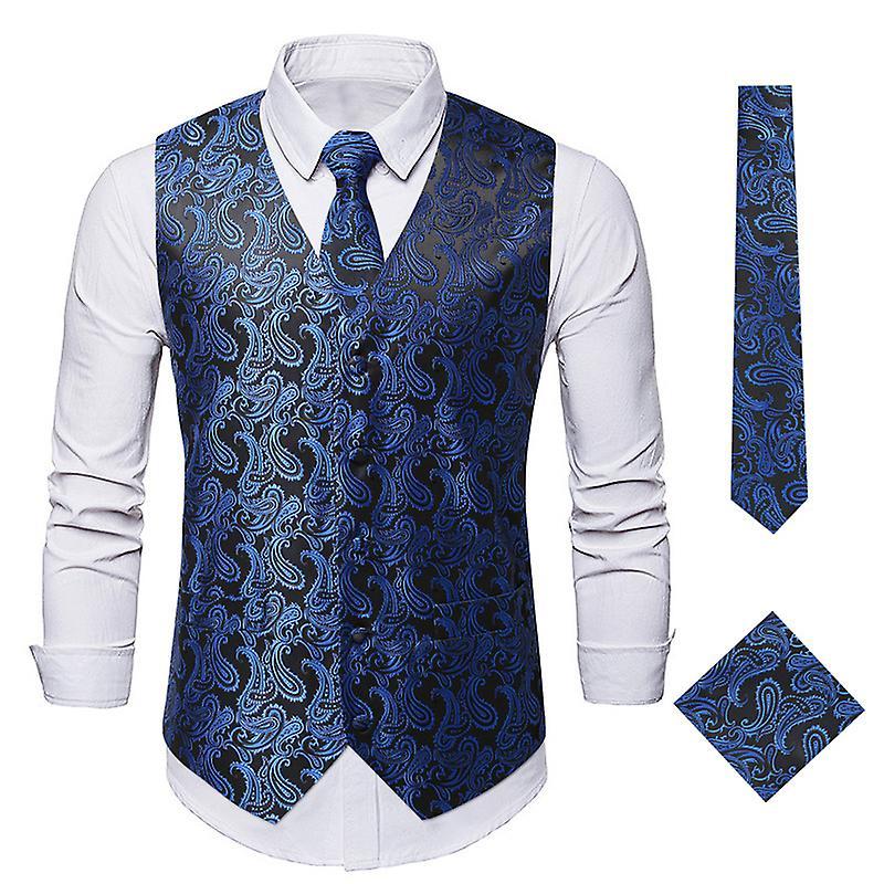 Jielin Mens Classic 3pc Jacquard Paisley Vest Set Necktie Pocket Square Waistcoat For Suit Or Tuxedo BLUE XL