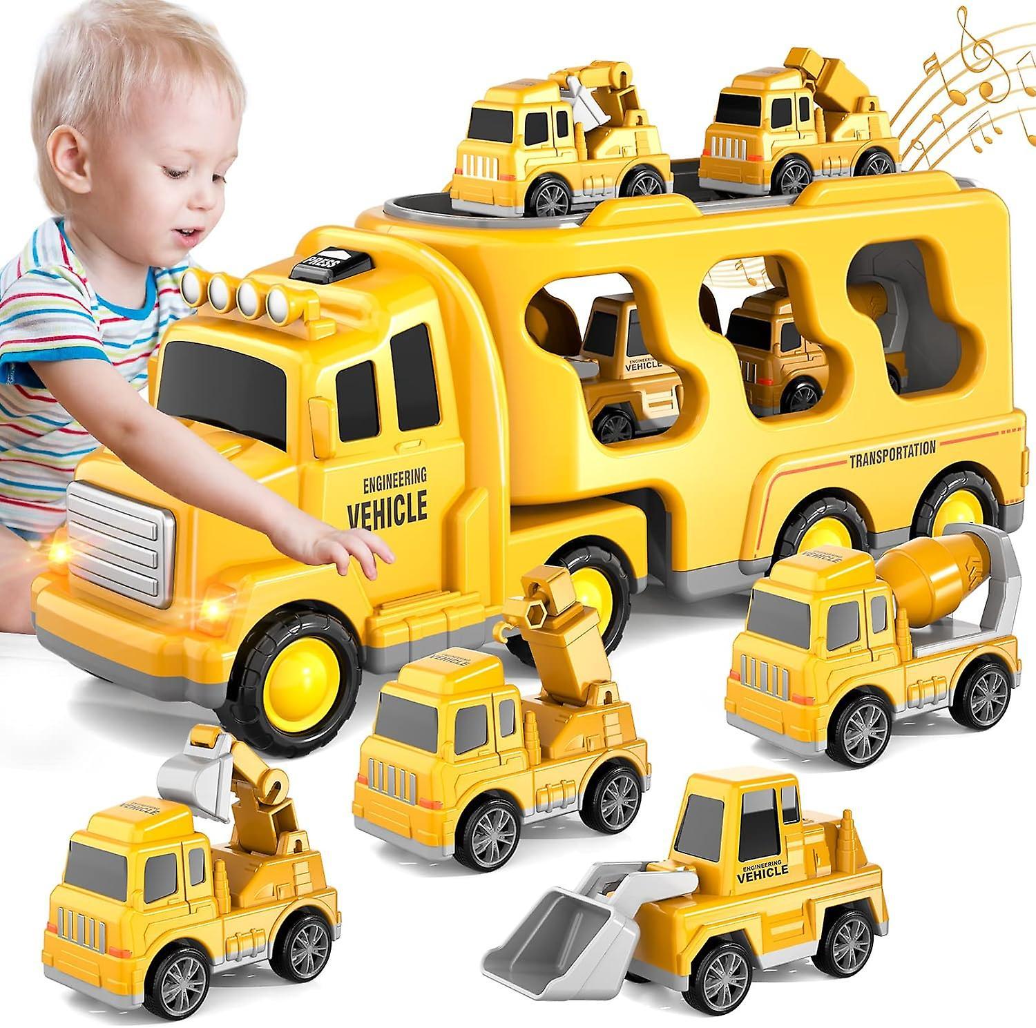 Hoh 5 In 1 Truck Friction Power Toy Car, Fire Truck Toys Construction Truck Toys Police Trucks Toys For Toddlers, Birthday Gifts For Kids Yellow