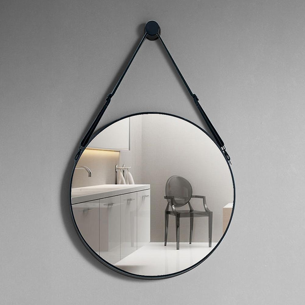 Sheonly Modern Black Round Hanging Mirror with Adjustable Leather Strap Bathroom Mirror 70cm