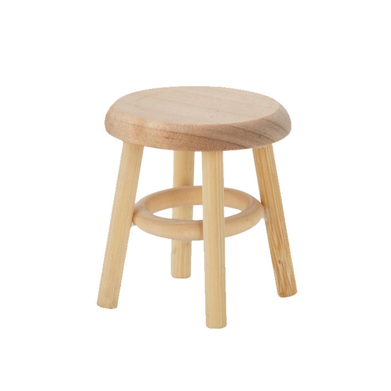 ohfruit Mini Bar Stool Cute Realistic High Reduction Rounded Curves Decorate Wood Miniature Stool Play House Toy for Doll House Wooden Color