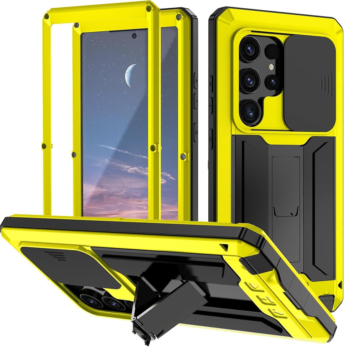 Frusde Waterproof Case For Samsung Galaxy S24 Ultra/ S24 Plus/ S24 Aluminum Metal Frame Slide Camera Cover Kickstand Full Body Shockproof Yellow Fo...