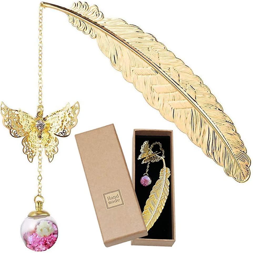 Bookmark, Gold Metal Feather Bookmarks With 3d Butterfly And Eternal Dry Flower