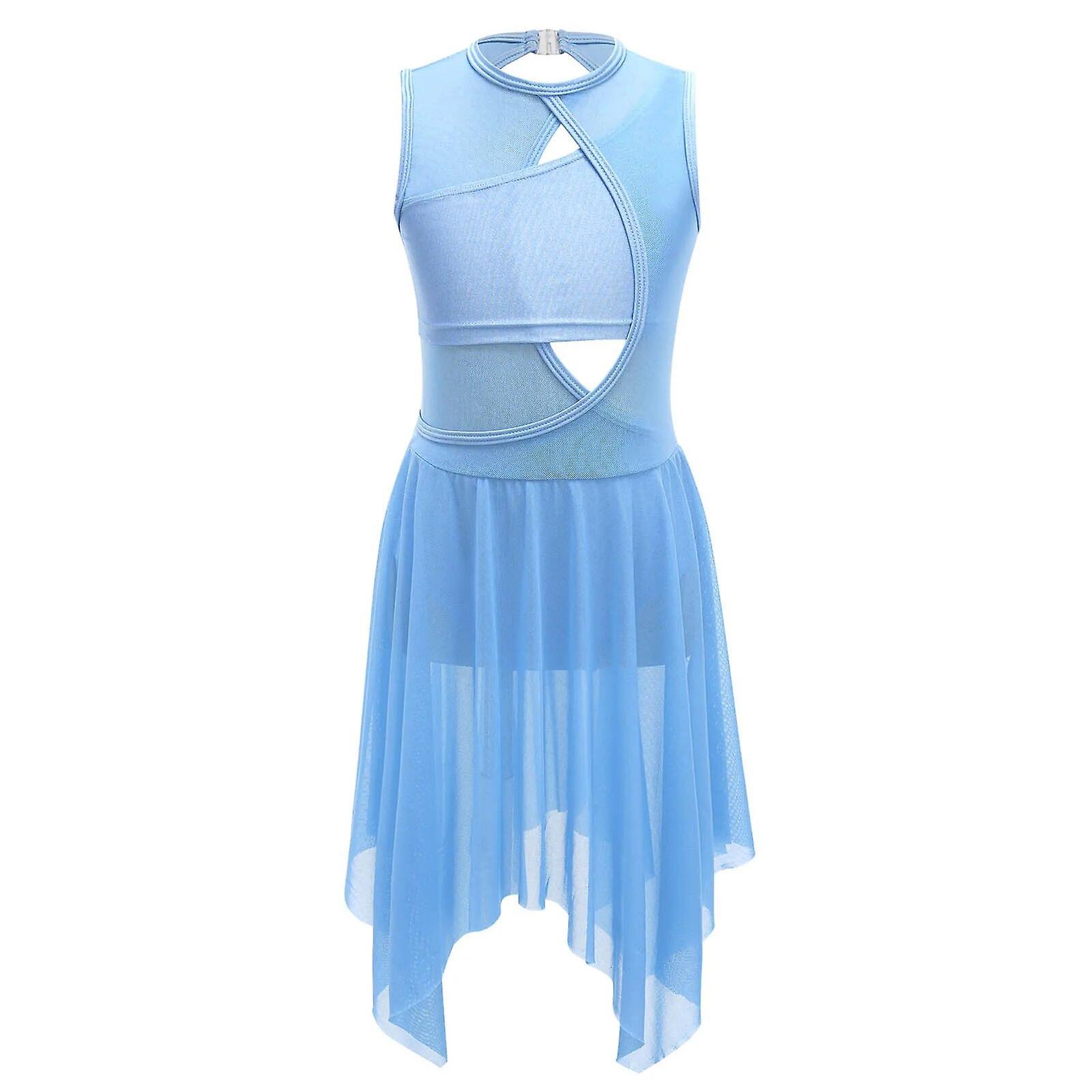 Aionyaaa Kids Girls Lyrical Dance Costume Ballroom Dancewear Sleeveless Backless Ballet Gymnastics Leotard Dress For Dancing Competition 12 Light Blue