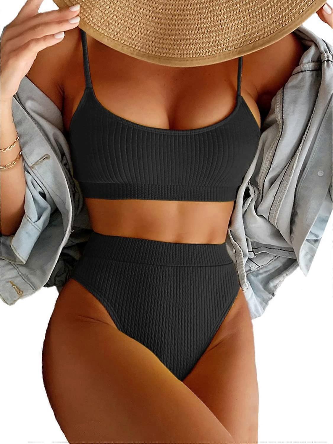 Kaise High Waisted Tummy Control Ribbed Bikini Crop Top Brazilian Swimsuit Set 2 Piece L Black