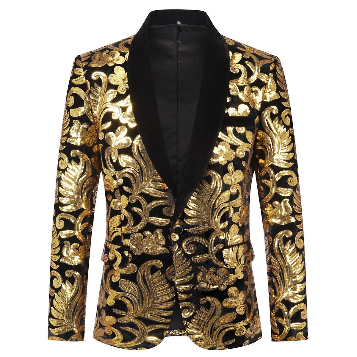 Allthemen Mens Wedding Sequins Shawl Lapel Regular Fit Blazer Gold M