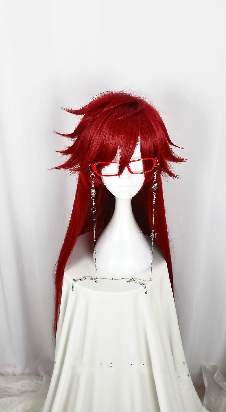 Bolongking Anime Black Butler Grell Sutcliff Red Long Straight Heat Resistant Hair Cosplay Costume Wig + Free Wig Cap wig and Chain Glasse