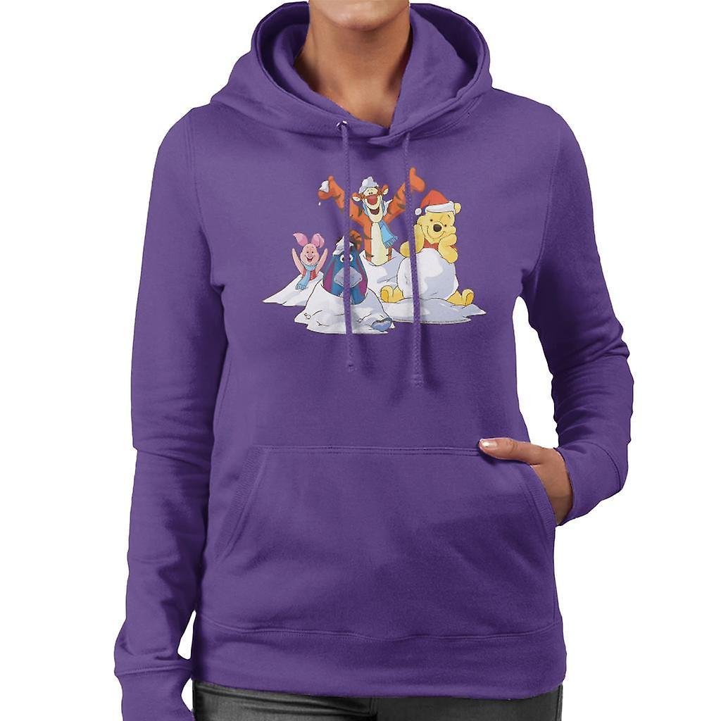 Disney Christmas Winnie The Pooh In The Snow With Friends Women's Hooded Sweatshirt Purple Small