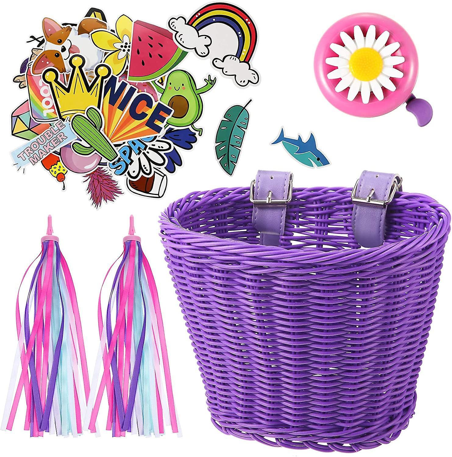 Ubiuo Kid's Bicycle Basket Streamers Set, Unicorn Children's Bike Handlebar Wicker Basket Bike Streamers Bell And Stickers,bike Basket Front Decora...