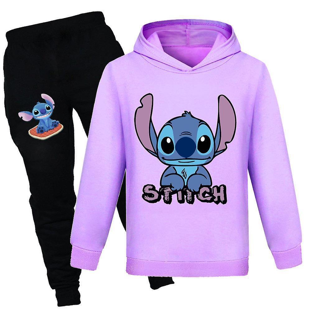 Ochime Stitch Printed Tracksuit Kids Boys Girls Unisex Hooded Sweatshirt Pullover Hoodie Jogging Casual Pants Set Sport Suit Purple 9-10 Years