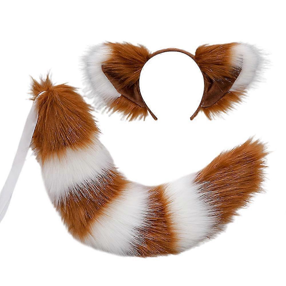 Unbrandded Fox Tail And Ears,cat Wolf Raccoon Ears Tail Set,animal Furry Tail, Ears Headbands,halloween Christmas Costume - SNNGV Camel white