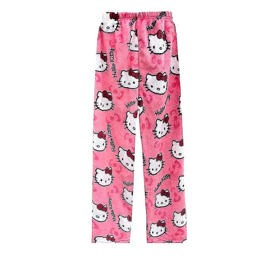 Unbrand Kawaii Comfy Pajamas For Women Girl Cartoon Cat Hello Kitty All Over Print Flannel Christmas Anime Sleep Pajamas Pants Pink XL