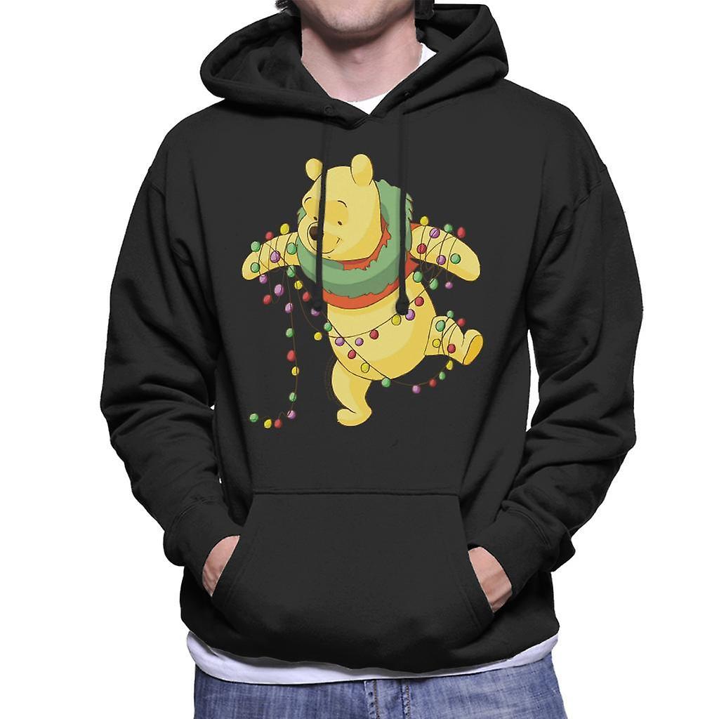 Disney Christmas Winnie The Pooh Tangled In Festive Lights Men's Hooded Sweatshirt Black XX-Large