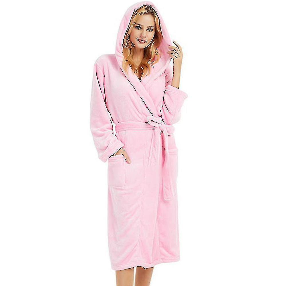 Women Dressing Gown Hooded Fleece Lined Fluffy Bathrobe Banmo Pink M