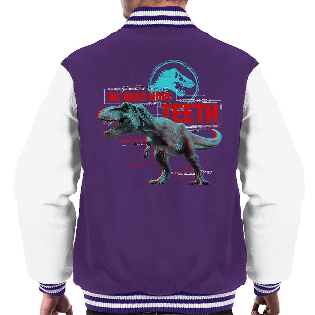 Jurassic Park T Rex We Need More Teeth Men's Varsity Jacket Purple/White XX-Large