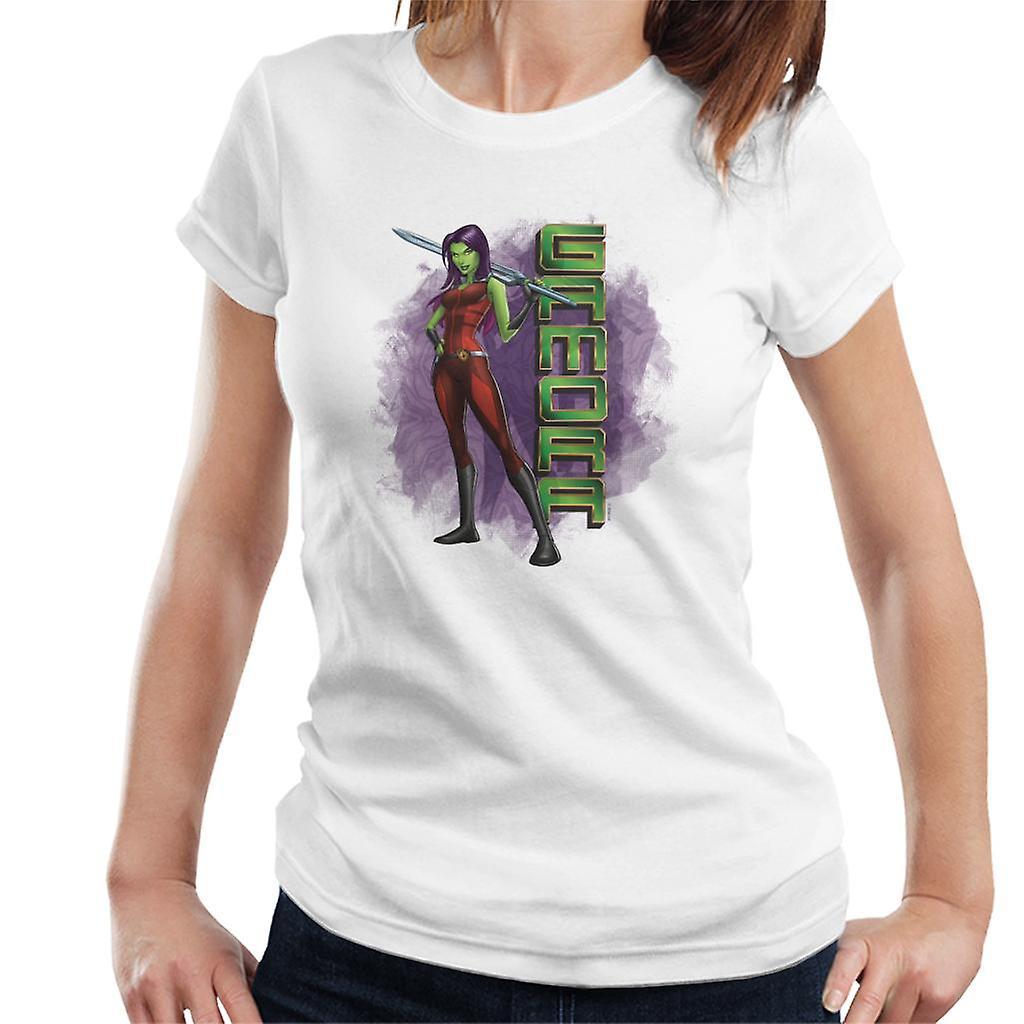 Marvel Guardians Of The Galaxy Cartoon Gamora Sword Pose Women's T-Shirt White Large