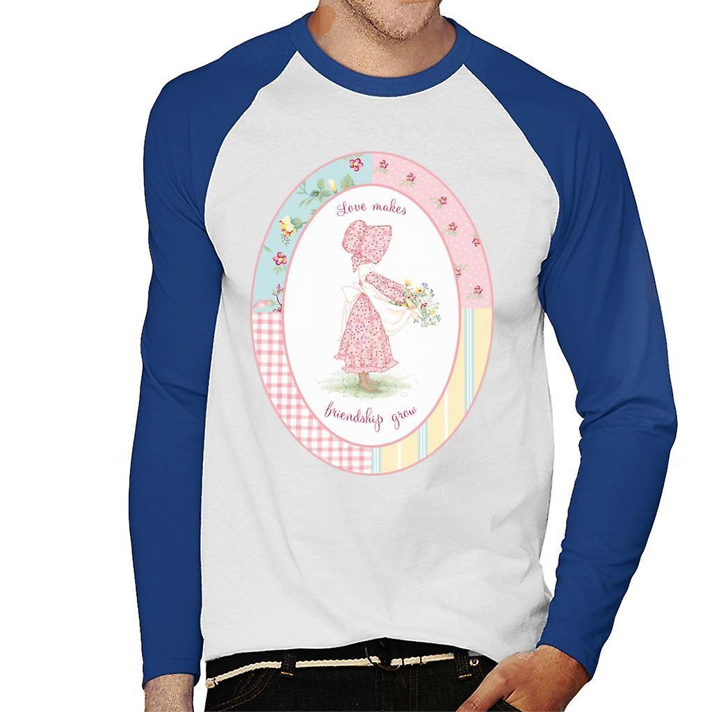 Holly Hobbie Love Makes A Friendship Grow Men's Baseball Long Sleeved T-Shirt White/Royal Small