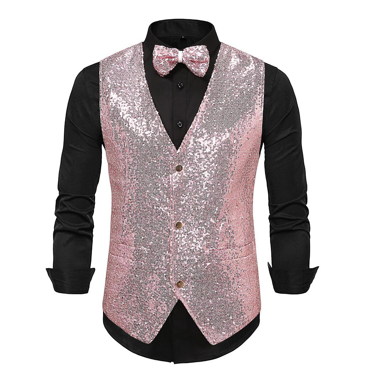 Sliktaa Mens Shiny Sequin Party Wear Wedding Suit Vest Pink M