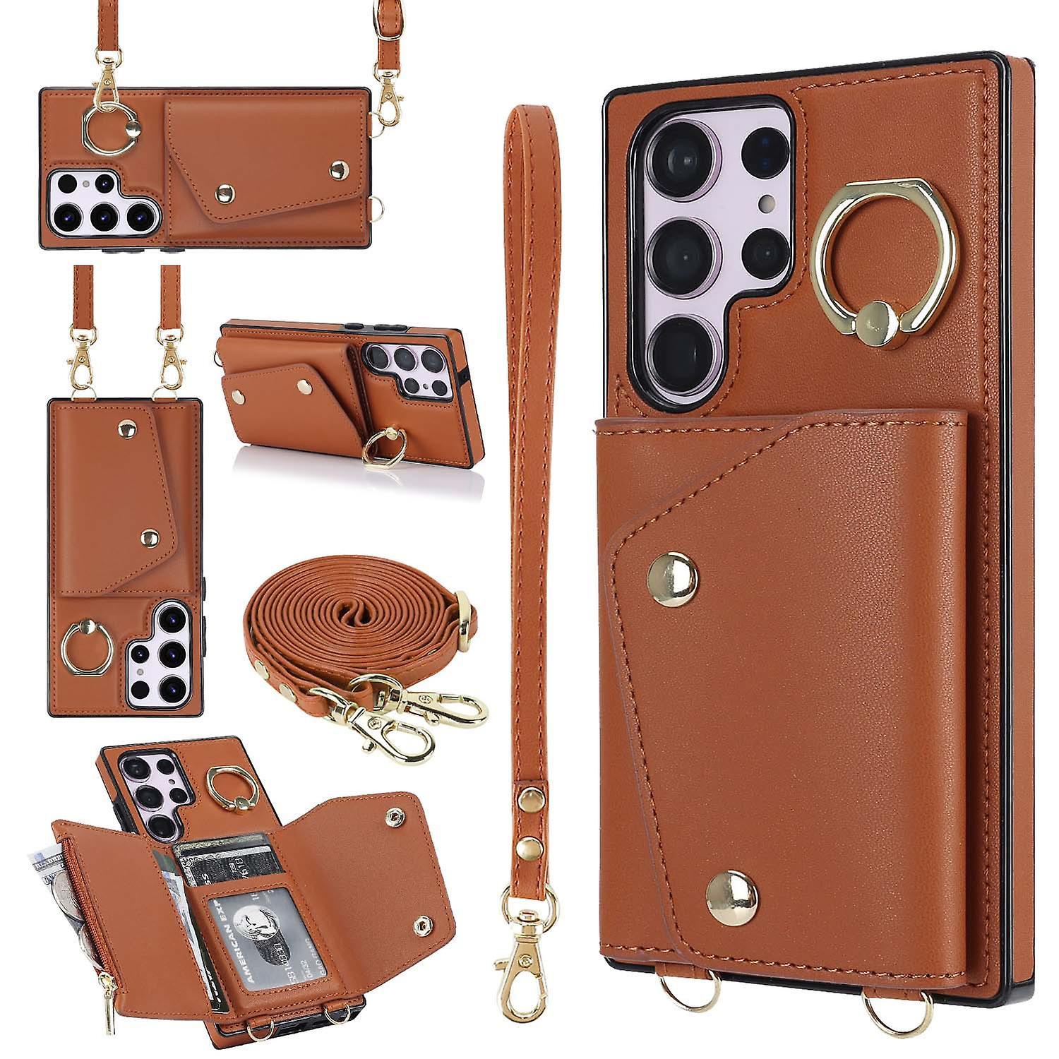 Frusde Crossbody Wallet Case Compatible With Samsung Galaxy S24 Ultra, Pu Leather Cover With Card Holder, Ring Holder & Hand Strap Brown For Galaxy...