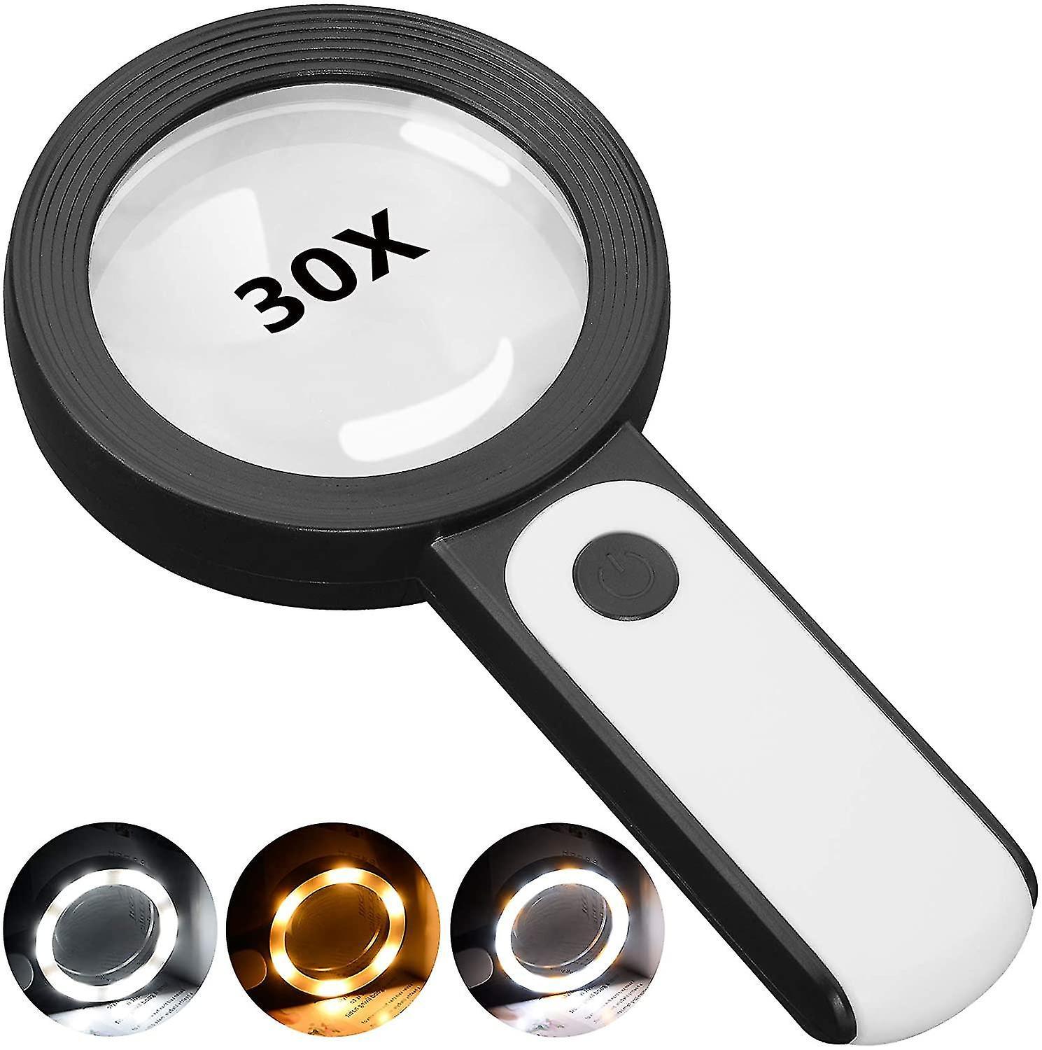 Linaja Magnifying Glass With Light, 30x Handheld Large Magnifying Glass 18led Cold And Warm Light With 3 Modes, Illuminated Lighted Magnifier For S...