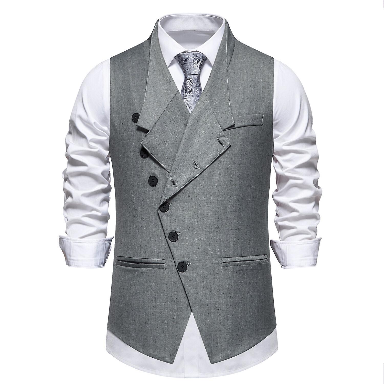 Sliktaa Mens Oblique-Breasted Fashion Business Suit Vest Grey L