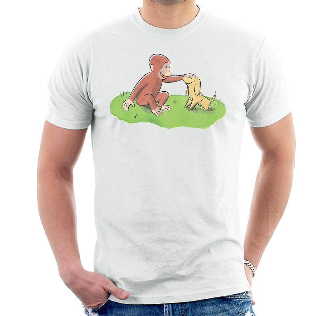 Curious George Stroking Dog Men's T-Shirt White Medium