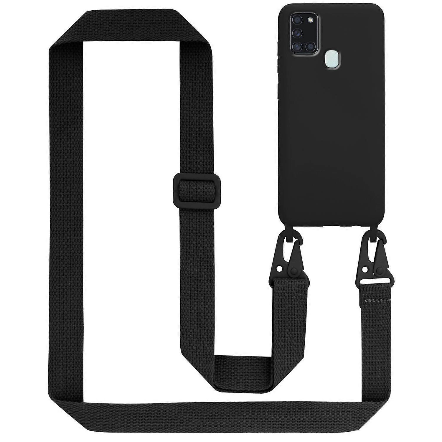 Mobile Phone Case for Samsung Galaxy A21s Silicone Protective Case with Length Adjustable Cord LIQUID BLACK