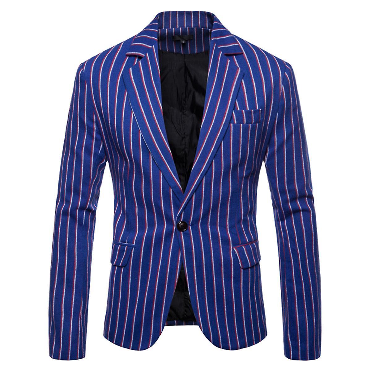 Allthemen Men's Striped Slim Lapel Casual Single Button Blazer Blue XL