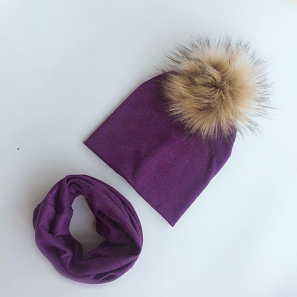 Slowmoose Autumn & Winter Baby Beanie Bonnet And Collar Scarf Set Brown purple 6 months-4 year old