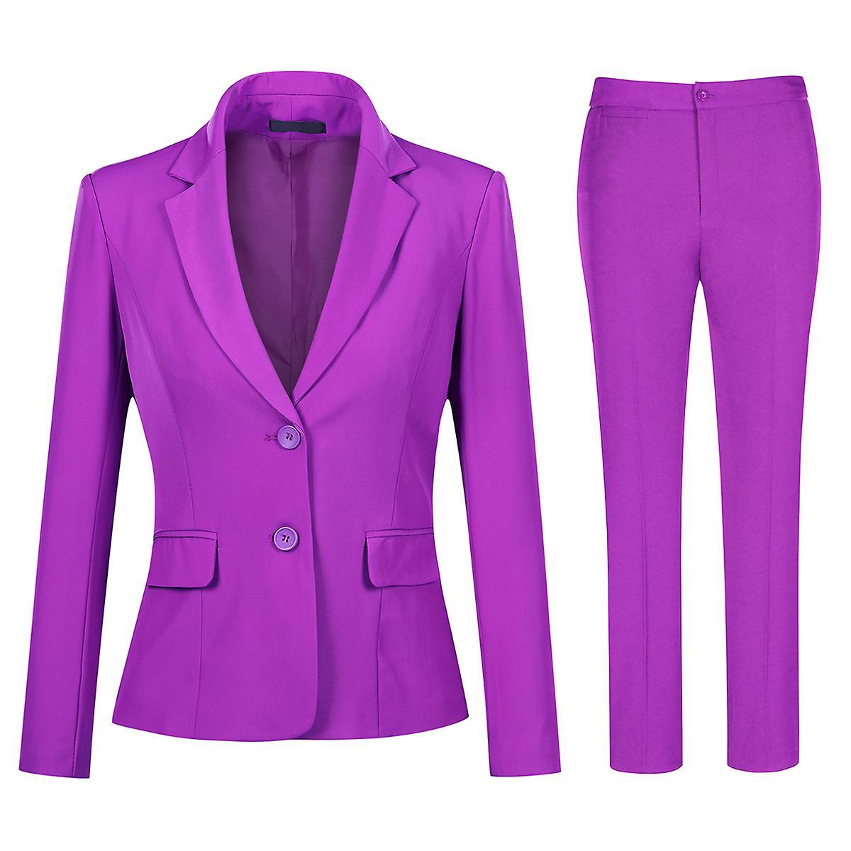 Yunclos Women's Slim Fit Two Button Solid 2 Piece Suit Purple L