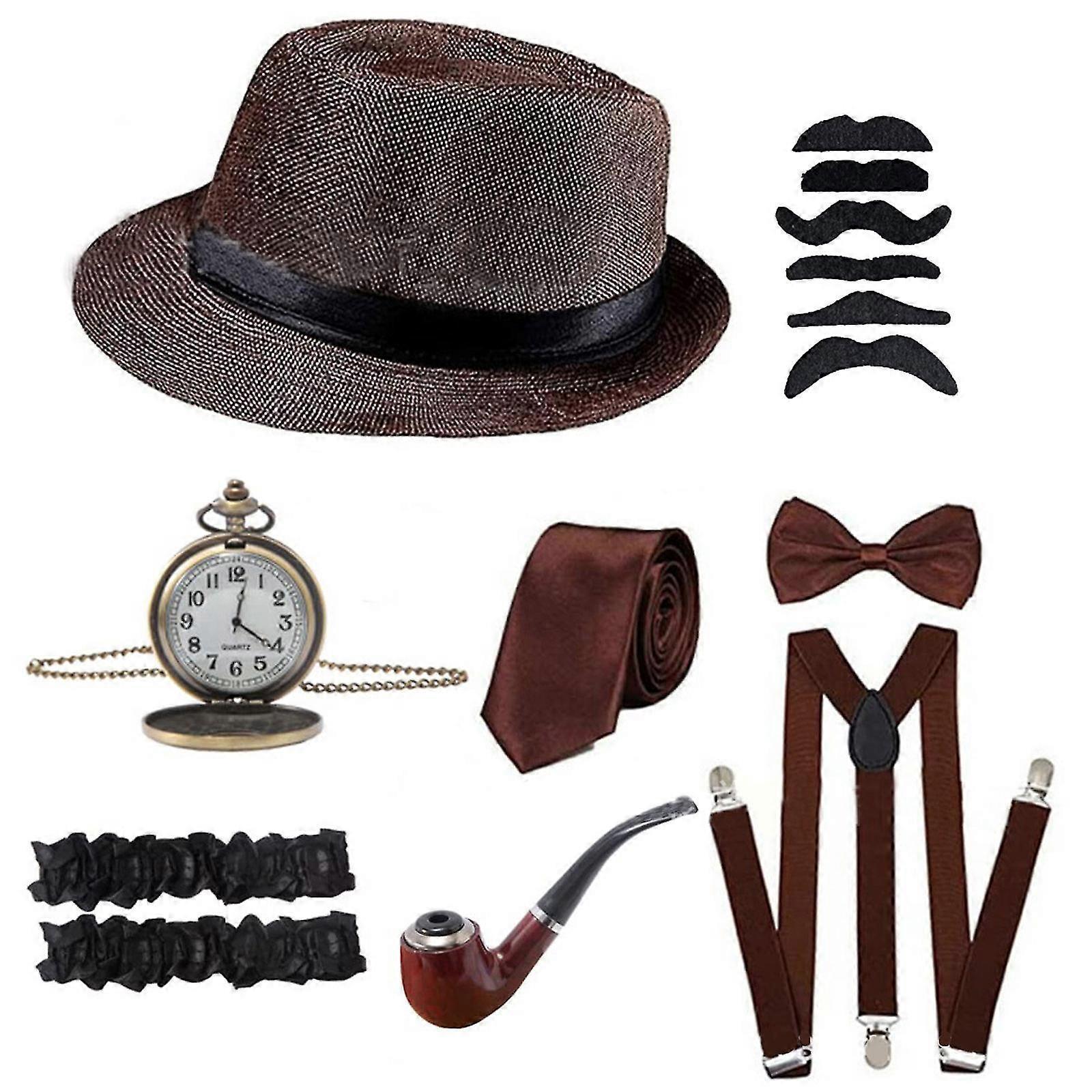 Lertenys Mens Gatsby Costume Accessory Set With Panama Gangster Hat Beard Adjustable Elastic Braces Neck Bow Pocket Watch Leg Ring For Party Coffee...