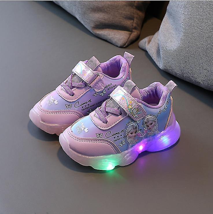 Htclv Frozen Elsa Mesh Sneakers Kids Shos Summer Autumn Led Children Luminous Girls Light Baby Sneaker Sports Shoes Size 22-31 Purple