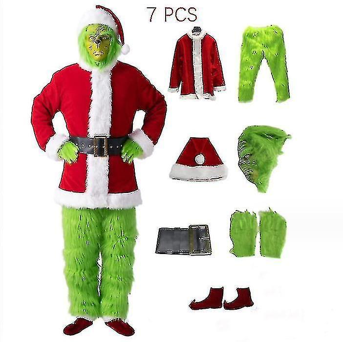 Aswei 2024the Grinch Costume Christmas Cosplay Adult Santa Costume Outfits Set + Mask Btcarnival 7PCS full set of clothes ONE SIZE