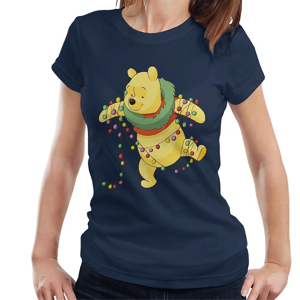 Disney Christmas Winnie The Pooh Tangled In Festive Lights Women's T-Shirt Navy Blue Small