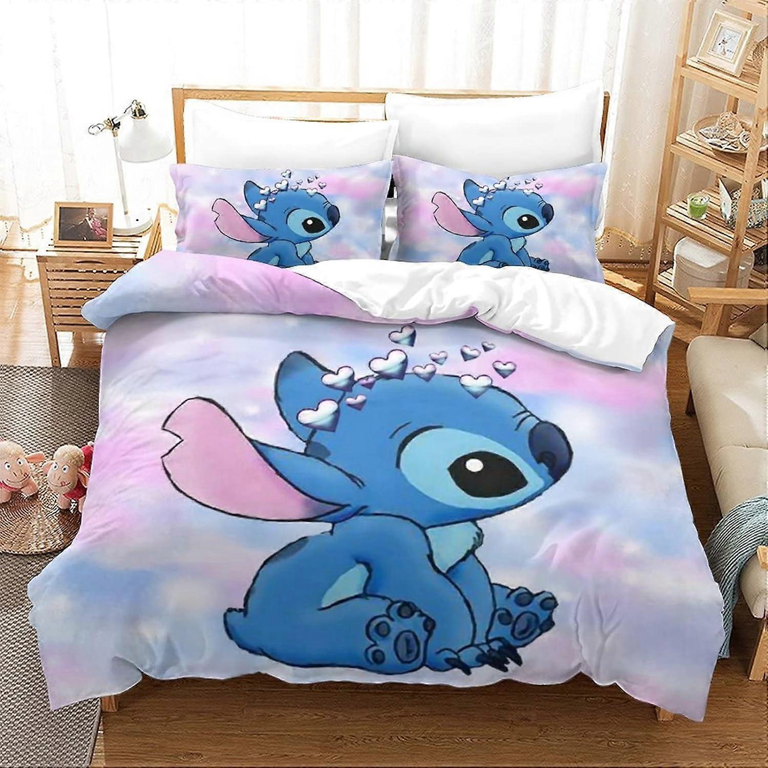 Kerota Stitch Duvet Cover Bedding Set, Microfiber Lilo & Stitch Animated Characters Three Pieces Bedding Set with Duvet Covers Pillowcases 135*200 ...