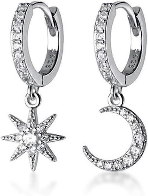 Heyone 925 Sterling Silver Sparkling CZ Star Moon Small Hoop Earrings for Girls Women Asymmetric Star Moon Huggie Earrings