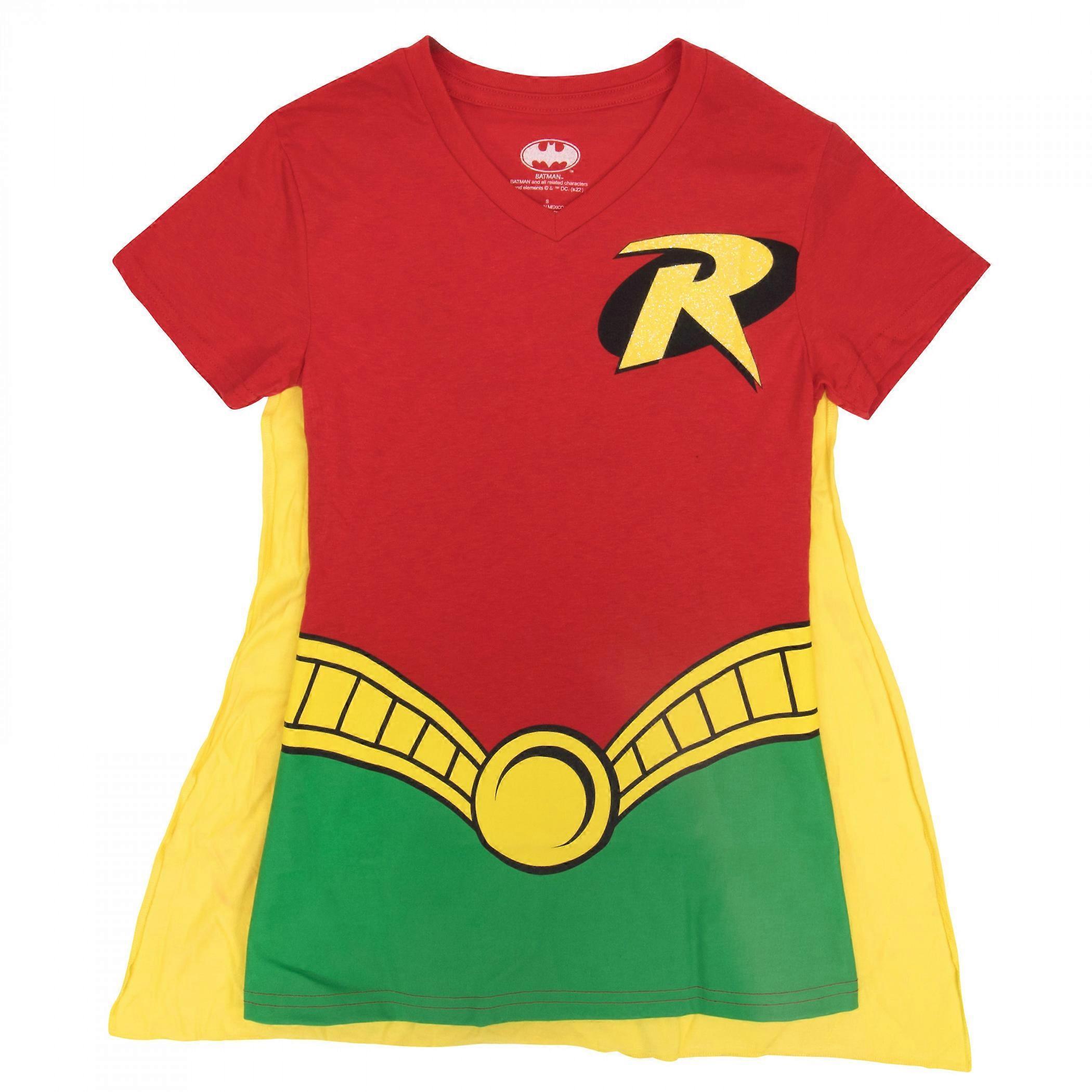 DC Comics Robin Women's V-Neck Caped Costume T-Shirt Red Medium