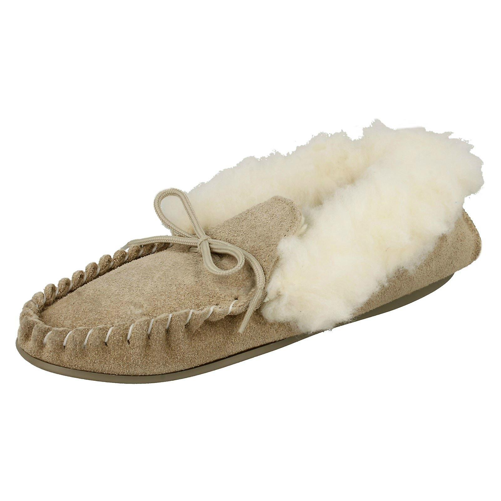 Ladies Spot On Slip On Slippers Real Suede Moccasin Beige UK 8