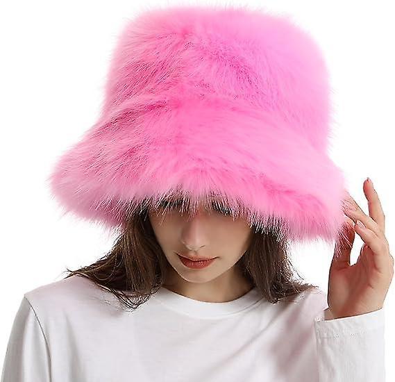 Ruitong Fuzzy Bucket Hat Winter Fluffy Furry Plush Faux Fur Hats Pink