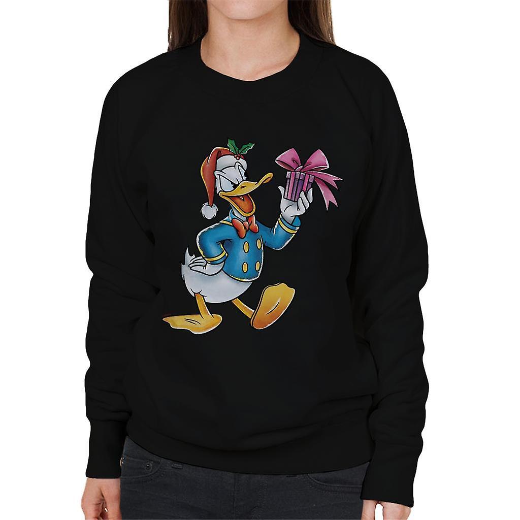 Disney Christmas Donald Duck Holding Present Women's Sweatshirt Black Large