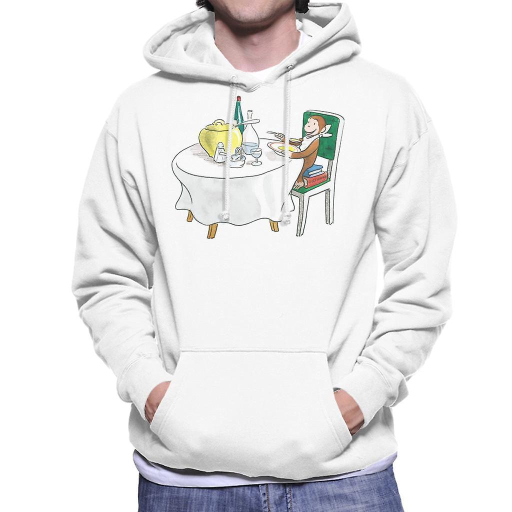 Curious George Eating A Fancy Meal Men's Hooded Sweatshirt White Large