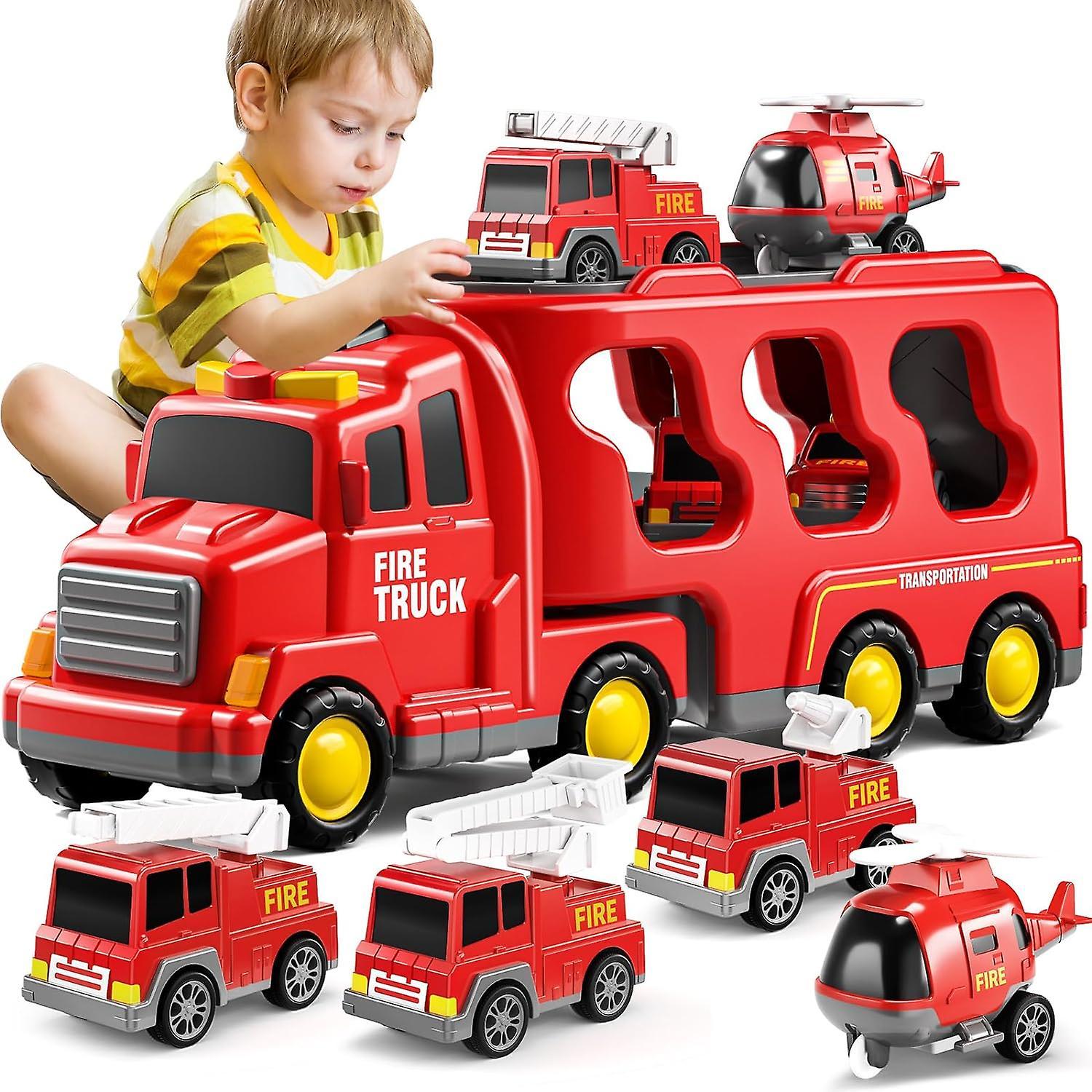 Frusde 5 In 1 Truck Friction Power Toy Car, Fire Truck Toys Construction Truck Toys Police Trucks Toys For Toddlers, Birthday Gifts For Kids Red