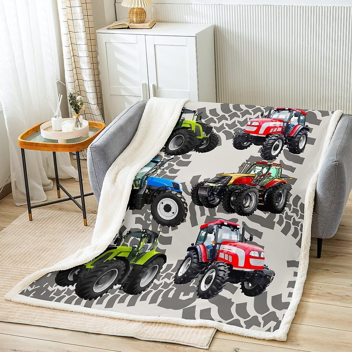 Kerota Tractors Plush Blanket Boys Cartoon Construction Tractor Sherpa Blanket Kids Vehicles Truck Car Throw Blanket Teens Red Blue Green Cars Fuzz...