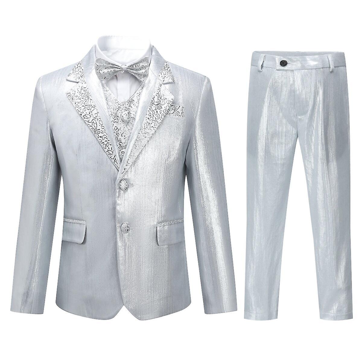 Sliktaa Boys 4Pce Tuxedo Suit Metallic Brushed Blazer and Paisley Vest and Pants Silver 160CM