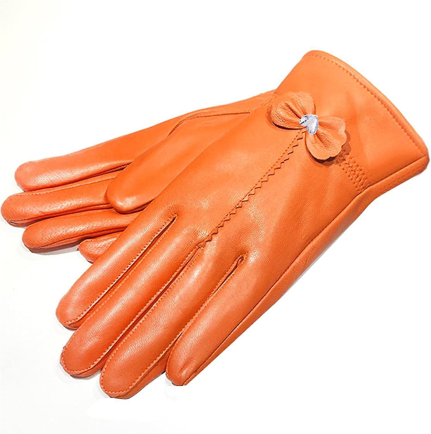 Subaoe 2019 Women Leather Gloves Winter Warm Real Lambskin Lined Driving Gloves Premium Y2 0orange