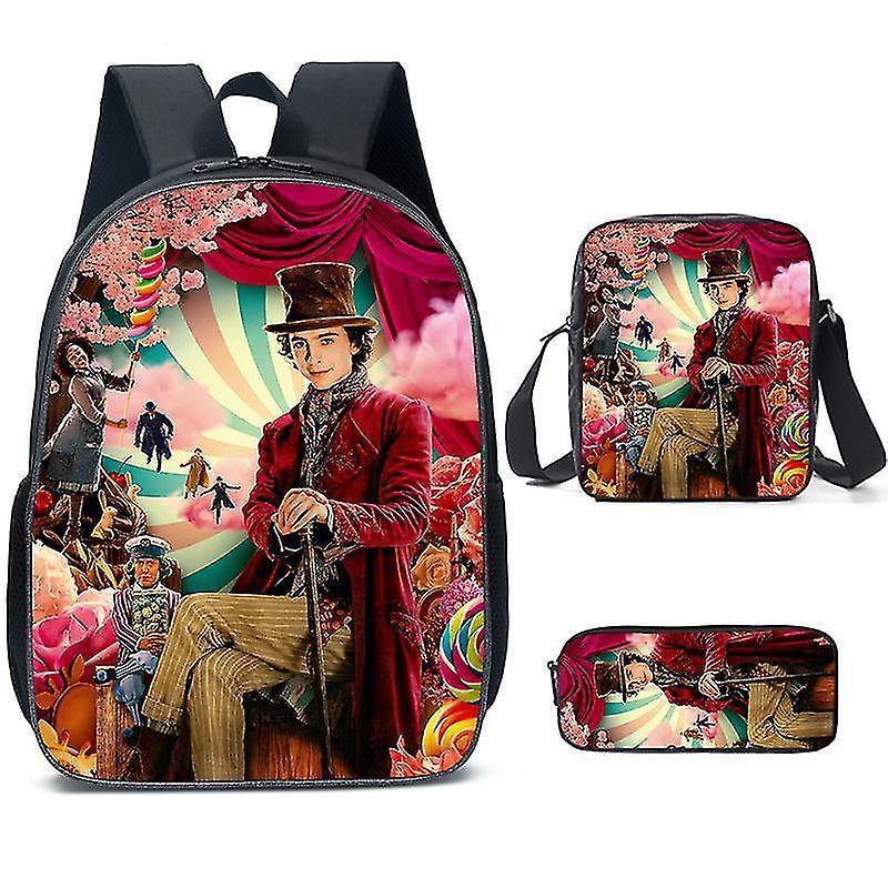 Sszfv Wonka School Bag Backpack Student 16-inch Wonka Series Children's School Bag Three-piece Set Backpack Style Wonka  1 Three piece Set