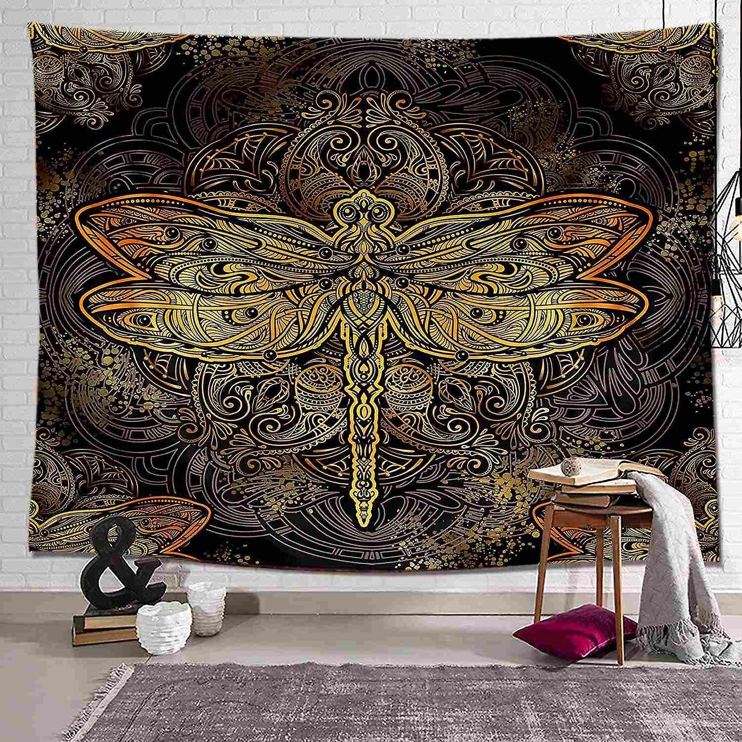 unbrand Psychedelic Wall Tapestry Bohemian Mandala Wall Hanging Bedding Tapestry Hippie Gold Dragonfly Beach